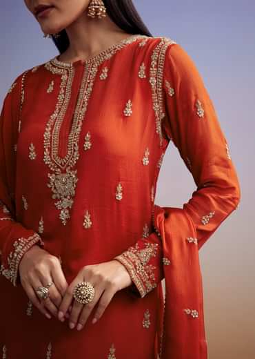 Orange Chinon Sharara Suit With Cut Dana And Sequins Work