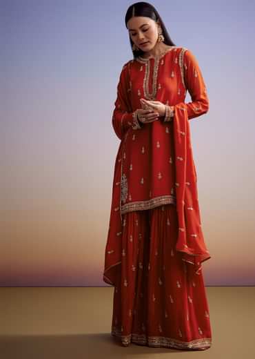 Orange Chinon Sharara Suit With Cut Dana And Sequins Work