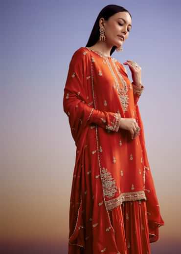 Orange Chinon Sharara Suit With Cut Dana And Sequins Work