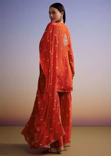 Orange Chinon Sharara Suit With Cut Dana And Sequins Work