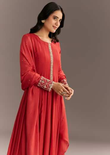 Orange Chinon Zardosi Moti Work Anarkali Dupatta Set