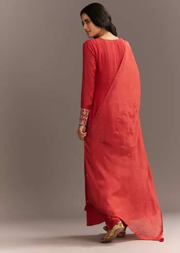 Orange Chinon Zardosi Moti Work Anarkali Dupatta Set