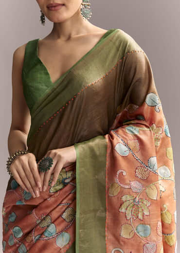 Orange Cotton Saree With Hand Painted Motifs And Green Border