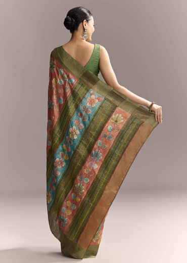 Orange Cotton Saree With Hand Painted Motifs And Green Border
