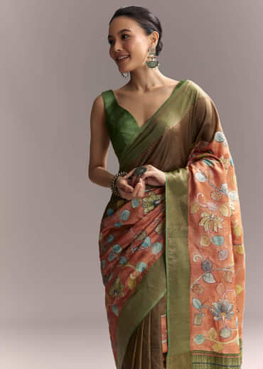 Orange Cotton Saree With Hand Painted Motifs And Green Border
