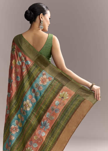Orange Cotton Saree With Hand Painted Motifs And Green Border