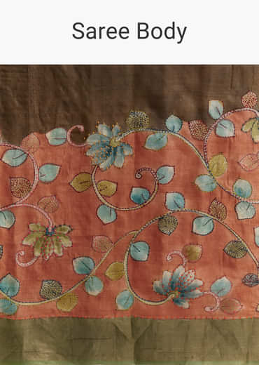 Orange Cotton Saree With Hand Painted Motifs And Green Border