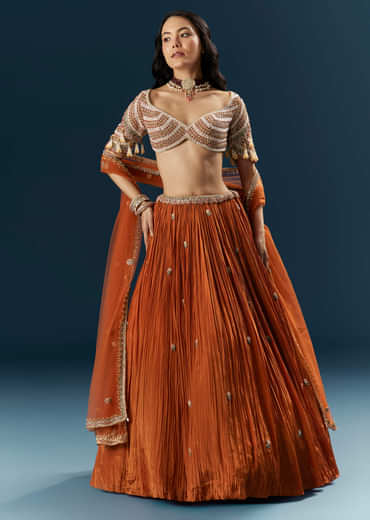 Orange Crepe Bridesmaid Lehenga With Moti And Cutdana Embroidery