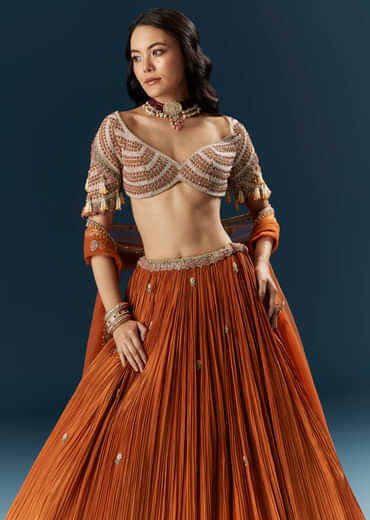 Orange Crepe Bridesmaid Lehenga With Moti And Cutdana Embroidery