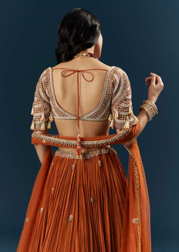 Orange Crepe Bridesmaid Lehenga With Moti And Cutdana Embroidery