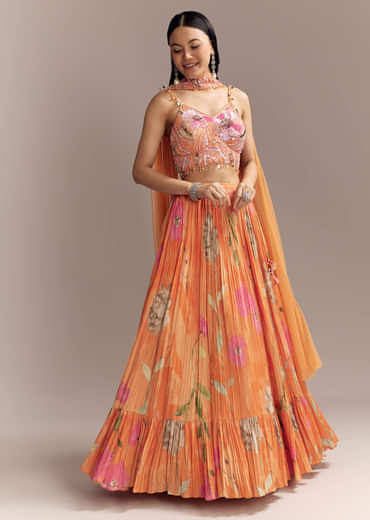 Orange Crepe Bridesmaid Lehenga With Multicolour Floral Print
