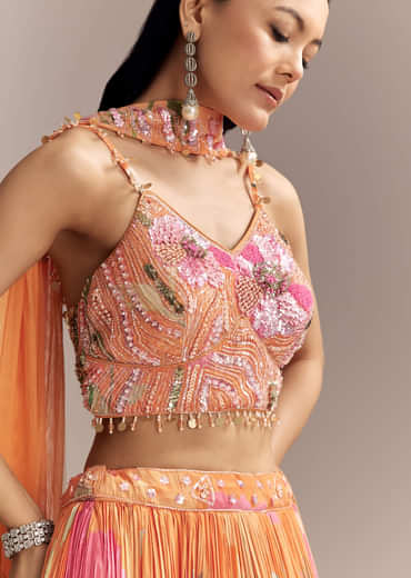Orange Crepe Bridesmaid Lehenga With Multicolour Floral Print