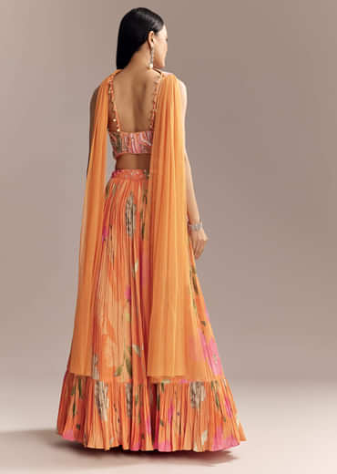 Orange Crepe Bridesmaid Lehenga With Multicolour Floral Print