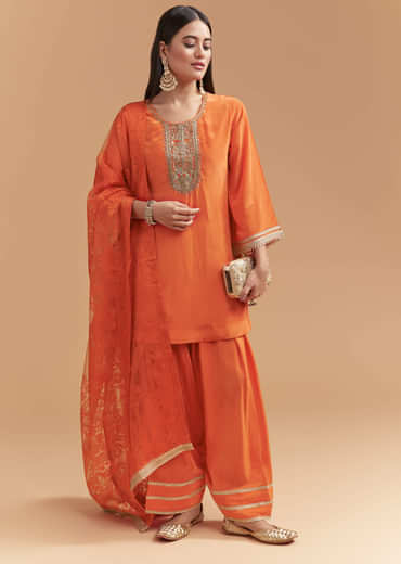Orange Crepe Kurta Set With Intricate Zardosi Embroidery