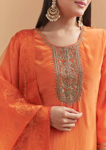 Orange Crepe Kurta Set With Intricate Zardosi Embroidery