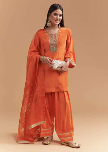 Orange Crepe Kurta Set With Intricate Zardosi Embroidery