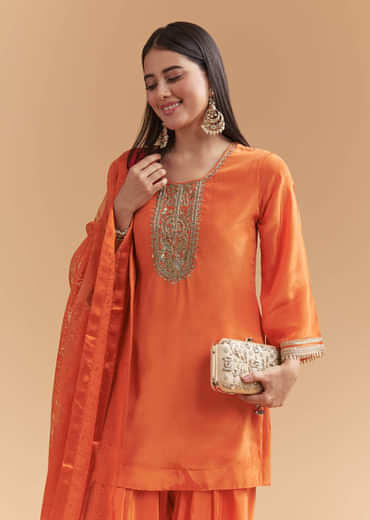 Orange Crepe Kurta Set With Intricate Zardosi Embroidery