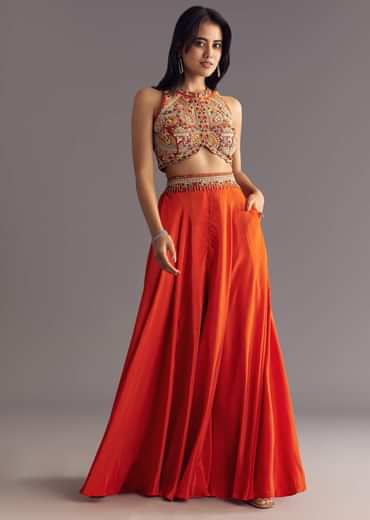 Orange Crepe Zardosi Thread Work Croptop And Palazzo Suit