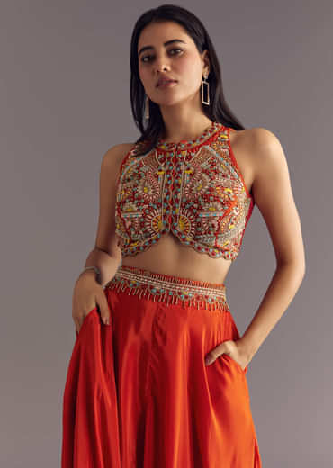 Orange Crepe Zardosi Thread Work Croptop And Palazzo Suit