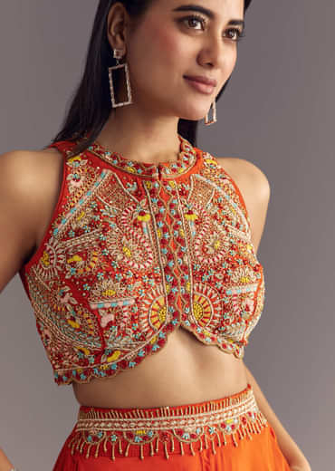 Orange Crepe Zardosi Thread Work Croptop And Palazzo Suit