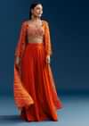 Orange Crop Top Palazzo Set With Printed Chinon Jacket And Zardosi Work