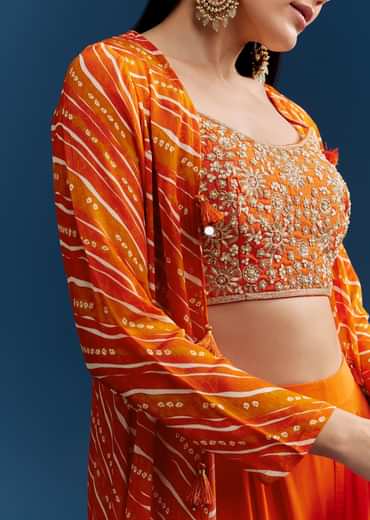 Orange Crop Top Palazzo Set With Printed Chinon Jacket And Zardosi Work