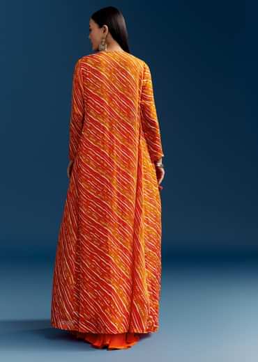 Orange Crop Top Palazzo Set With Printed Chinon Jacket And Zardosi Work