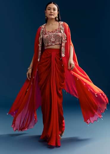 Orange Crop Top Skirt Set With Embroidered Cape