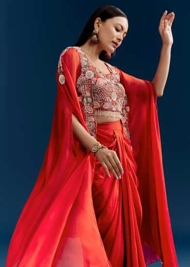 Orange Crop Top Skirt Set With Embroidered Cape