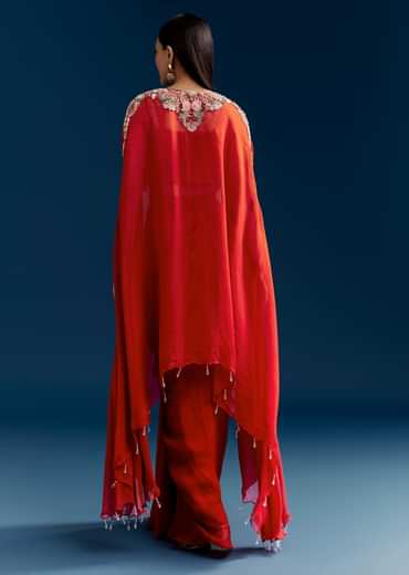 Orange Crop Top Skirt Set With Embroidered Cape