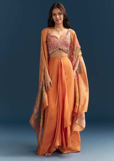 Orange Crop Top Skirt With Floral Cape And Embroidery Accents