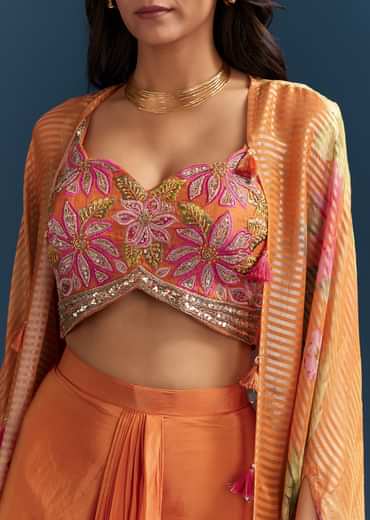 Orange Crop Top Skirt With Floral Cape And Embroidery Accents