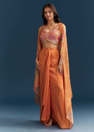 Orange Crop Top Skirt With Floral Cape And Embroidery Accents