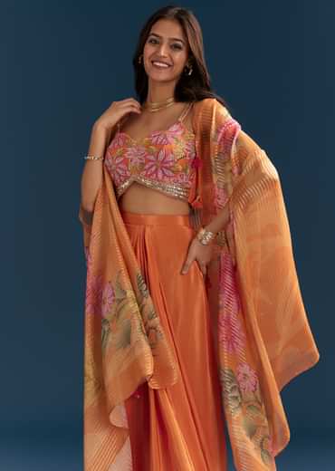 Orange Crop Top Skirt With Floral Cape And Embroidery Accents