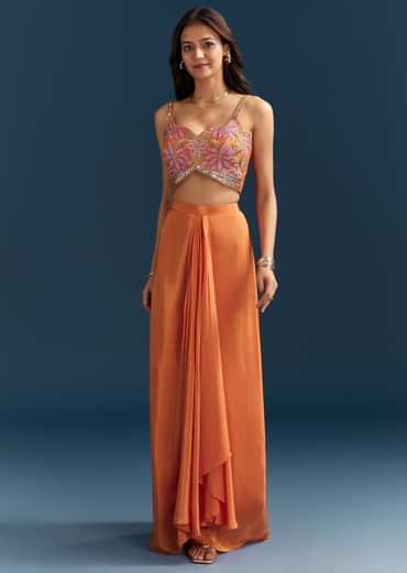 Orange Crop Top Skirt With Floral Cape And Embroidery Accents