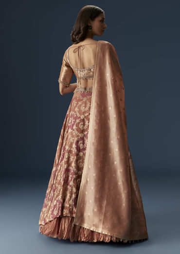 Orange Embroidered Blouse With Ruching Lehenga And Tassel Dupatta