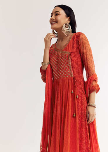 Orange Floral Chiffon Anarkali Kurta Set With Dupatta