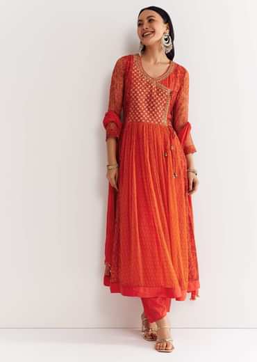 Orange Floral Chiffon Anarkali Kurta Set With Dupatta