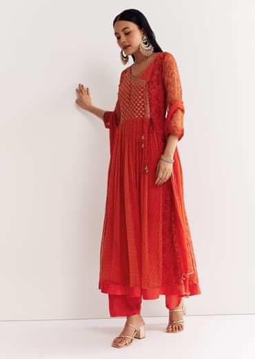 Orange Floral Chiffon Anarkali Kurta Set With Dupatta