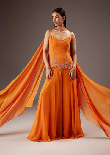 Orange Georgette Palazzo Suit With Heavy Embroidery
