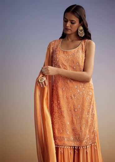 Orange Georgette Sharara Suit With Embroidered Kurta And Dupatta