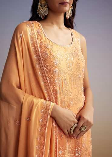 Orange Georgette Sharara Suit With Embroidered Kurta And Dupatta