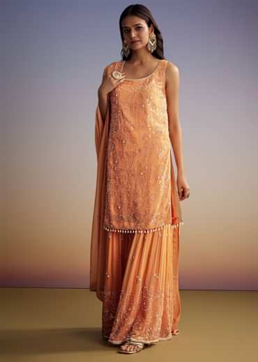 Orange Georgette Sharara Suit With Embroidered Kurta And Dupatta