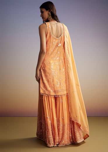 Orange Georgette Sharara Suit With Embroidered Kurta And Dupatta