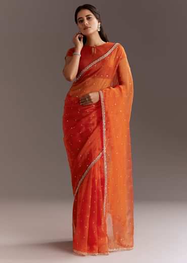 Orange Glass Tissue Saree With Cutdana And Sequins Scallop Border