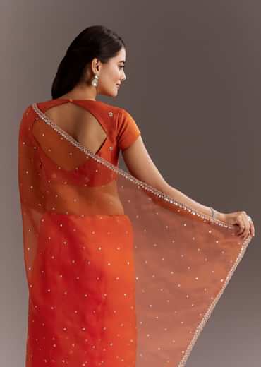Orange Glass Tissue Saree With Cutdana And Sequins Scallop Border