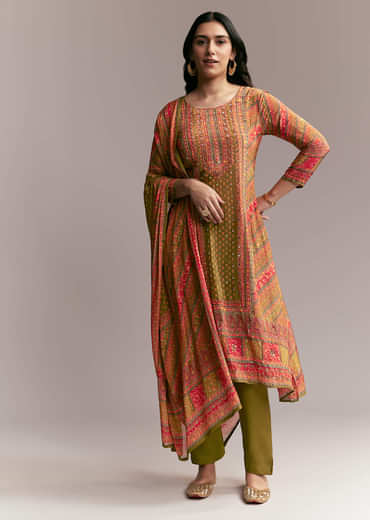 Orange Green Printed Kurta Set