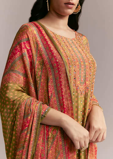 Orange Green Printed Kurta Set