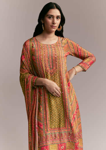 Orange Green Printed Kurta Set