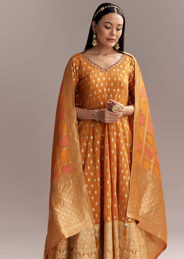 Orange Jacquard Anarkali Suit With Woven Brocade Dupatta